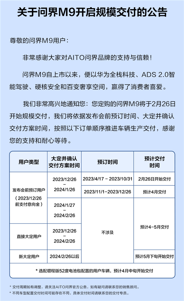 官宣！问界M9即日起开启规模交付：具体方案来了