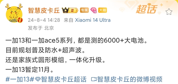 普及超声波指纹！一加13最新爆料：标配超6000mAh大电池-第1张图片-海印网