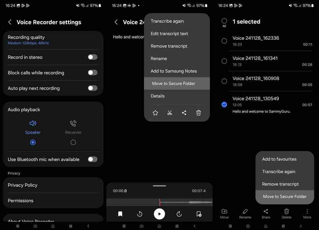 三星 One UI 7.0 版录音机应用泄露：升级界面，新增“移动至安全文件夹”功能-第4张图片-海印网