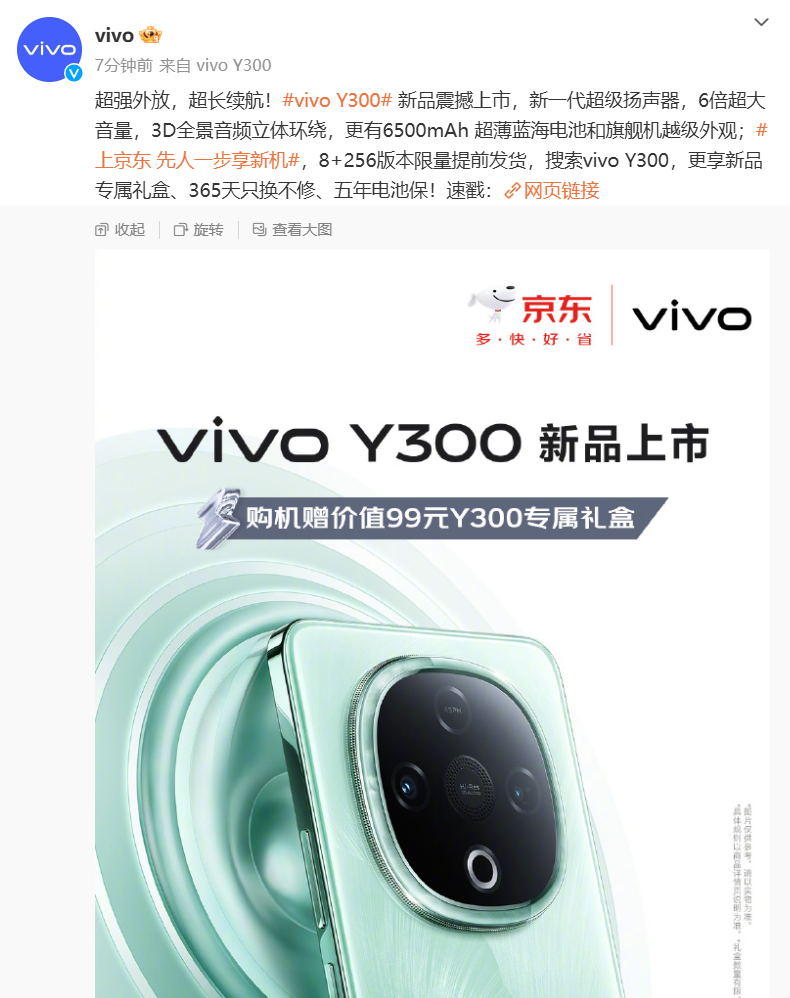 vivo Y300 手机 8+256 版本限量开售：天玑 6300、后置扬声器设计，首发 1499 元-第1张图片-海印网